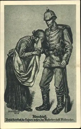 Künstler Ak Gstader, J. A., Abschied, Deutscher Soldat, Das Mutterherz hofft Wiedersehen, 1914