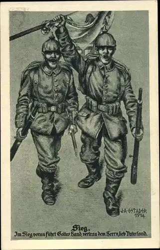 Künstler Ak Gstader, J. A., Sieg, Deutsche Soldaten ziehen in die Schlacht, 1914