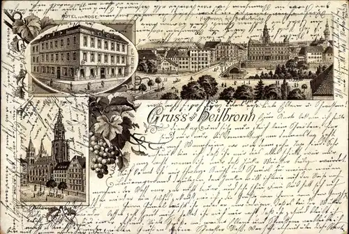 Vorläufer Litho Heilbronn am Neckar, Hotel zur Rose, Kiliankirche, Neckarbrücke