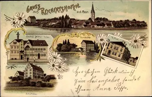 Litho Reichertshofen Oberbayern, Gasthof Müllerbräu, Schulhaus, Post, Kunstmühle