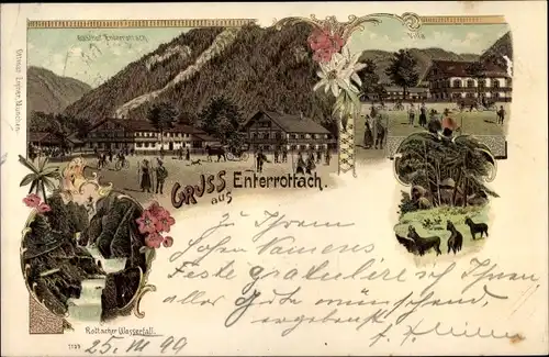 Litho Enterrottach Rottach Egern in Oberbayern, Gasthof, Villa, Rottacher Wasserfall