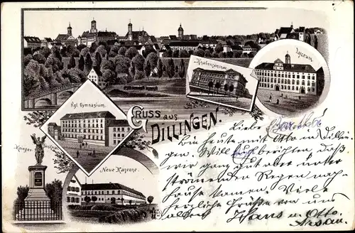 Vorläufer Litho Dillingen Donau in Nordschwaben, Gymnasium, Kriegerdenkmal, Neue Kaserne, Lyzeum