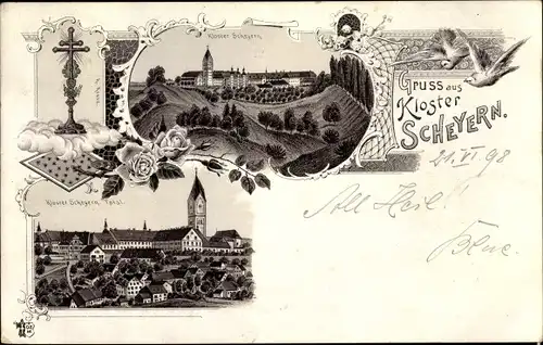 Litho Scheyern in Oberbayern, Kloster, Totalansicht