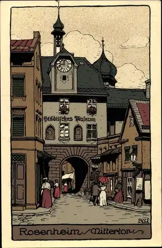 Steindruck Ak Rosenheim im Alpenvorland Oberbayern, Mittertor