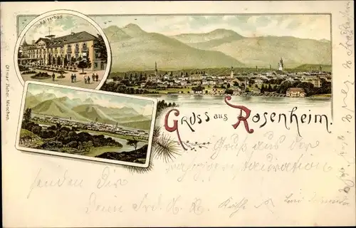 Litho Rosenheim im Alpenvorland Oberbayern, Kaiserbad, Panorama