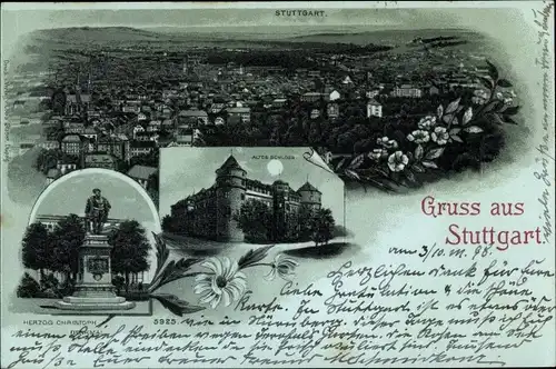 Mondschein Litho Stuttgart in Baden Württemberg, Panorama vom Ort, Schloss, Herzog Christoph Denkmal