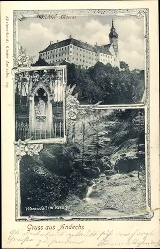 Ak Andechs Oberbayern, Kloster, St. Elisabeth Brunnen, Wasserfall im Kiental