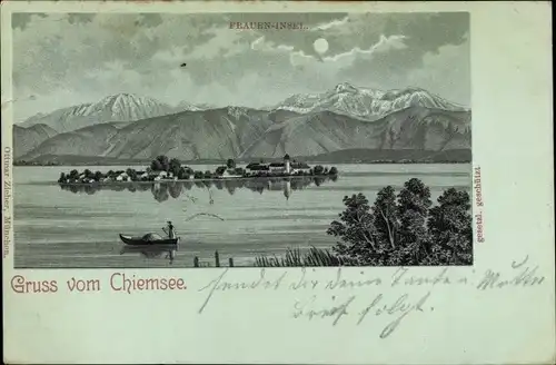 Mondschein Litho Gemeinde Chiemsee, Blick auf die Fraueninsel