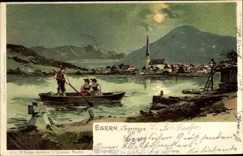 Mondschein Litho Rottach Egern in Oberbayern, Ruderboot auf dem See