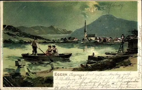 Mondschein Litho Rottach Egern in Oberbayern, Blick zum Ort, Ruderboot auf dem See