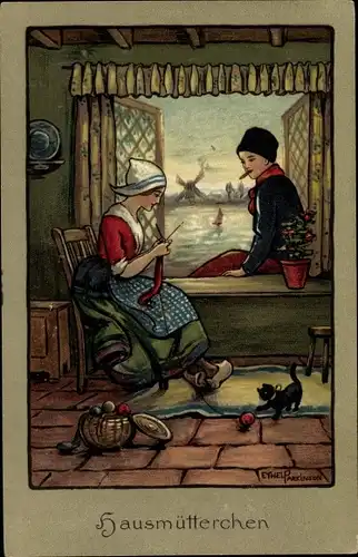 Künstler Ak Parkinson, Ethel, Hausmütterchen, Niederländerin strickt am Fenster