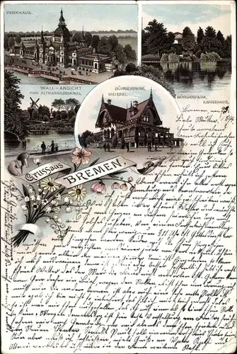 Vorläufer Litho Hansestadt Bremen, Parkhaus, Bürgerpark Meierei, Kaffeehaus, Wall, Altmannsdenkmal