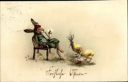 Präge Litho Rauchender Osterhase, Küken mit Weidenkätzchen