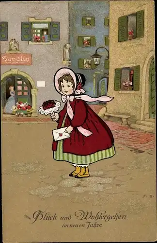 Künstler Ak Glückwunsch Neujahr, Mädchen im Mantel mit Blumen und Brief