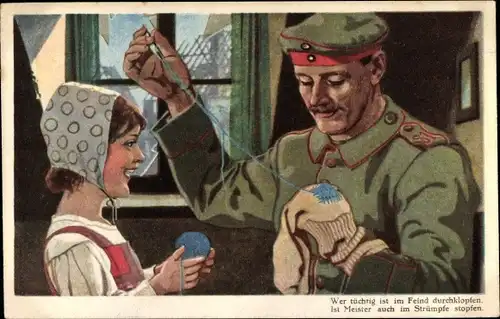 Künstler Ak Soldat stopft Strümpe, Wer tüchtig ist im Feind durchklopfen