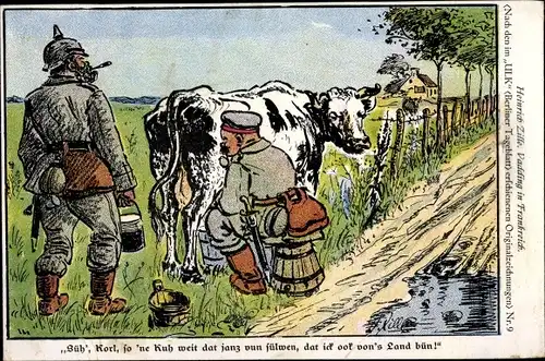 Künstler Ak Zille, Heinrich, Vadding in Frankreich, Ulk, Berliner Tageblatt, Nr. 9, Soldat melkt Kuh