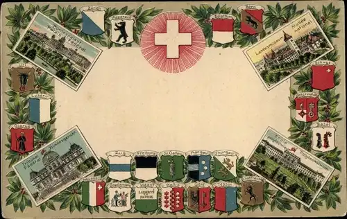 Präge Wappen Litho Bern Stadt Schweiz, Bundespalast, Polytechnikum, Bundesgericht