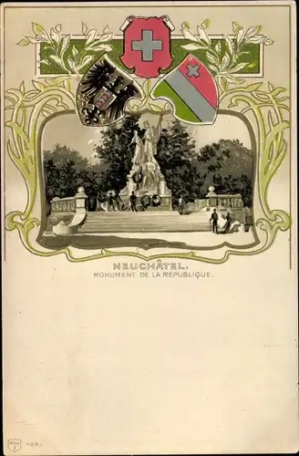 Präge Wappen Passepartout Litho Neuchatel Neuenburg, Monument de la Republique