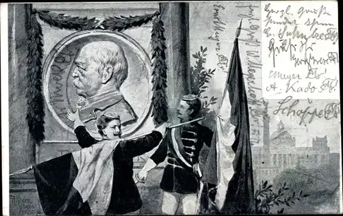 Künstler Ak Otto von Bismarck, Herzog zu Lauenburg, Bundeskanzler, Portrait, Fahne