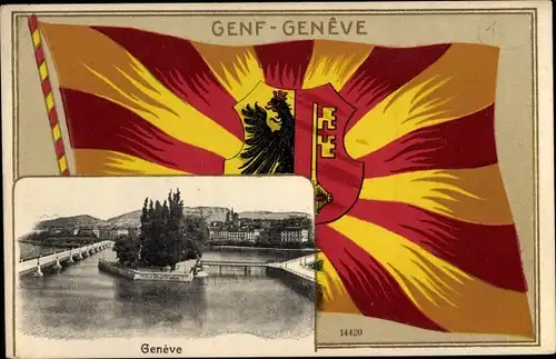 Präge Passepartout Ak Genève Genf Stadt, Fahne, Panorama