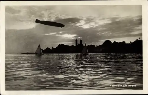 Ak Zeppelin mit Stadtbild von Friedrichshafen, Heimkehr am Abend, Segelboote