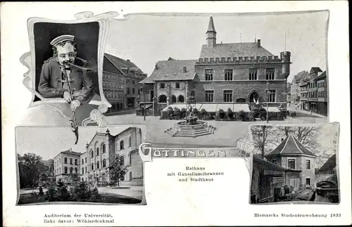 Ak Göttingen in Niedersachsen, Rathaus, Gänselieselbrunnen, Bismarcks Studentenwohnung, Universität