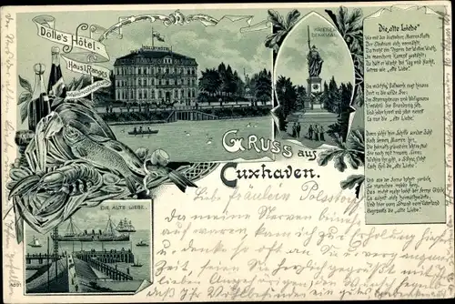 Litho Cuxhaven in Niedersachsen, Kriegerdenkmal, Dölle's Hotel, Die alte Liebe