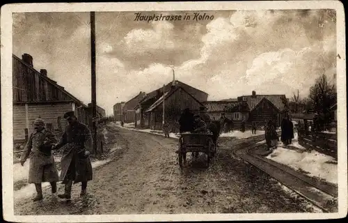 Ak Kolno Polen, Hauptstraße im Winter, Deutsche Soldaten