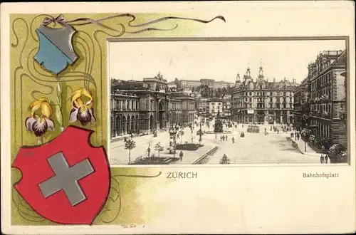 Präge Wappen Passepartout Ak Zürich Stadt Schweiz, Bahnhofsplatz