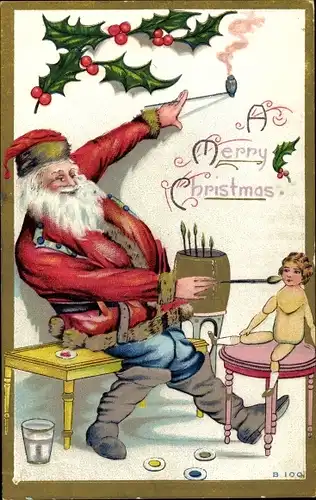 Präge Passepartout Ak Frohe Weihnachten, Weihnachtsmann malt Puppe an, Stechpalme, Pfeife
