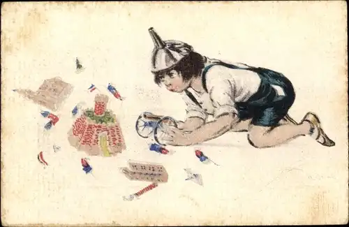 Künstler Ak Junge spielt mit Spielzeugsoldaten, Patriotik Frankreich