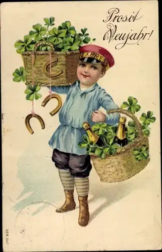 Präge Ak Glückwunsch Neujahr, Expressbote bringt Klee, Sekt, Hufeisen