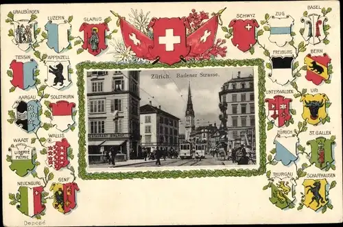 Präge Wappen Ak Zürich Stadt Schweiz, Badener Straße, Restaurant Sihlhof, Kantonswappen