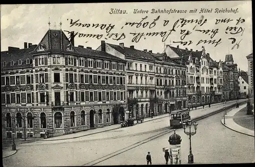 Ak Zittau in Sachsen, Untere Bahnhofstraße, Hotel Reichshof, Straßenbahn