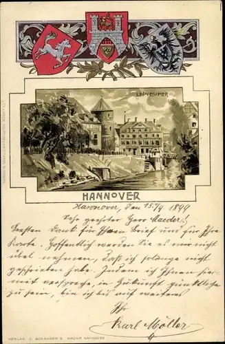 Präge Wappen Passepartout Litho Hannover in Niedersachsen, Leineufer