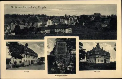 Ak Reitzenhain Marienberg im Erzgebirge, Gesamtansicht, Schule, Kriegerdenkmal, Rathaus