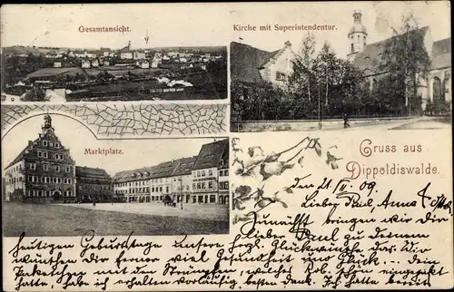 Ak Dippoldiswalde im Osterzgebirge, Marktplatz, Kirche, Superintendentur