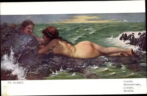 Künstler Ak Klimes, Fr., Wassermann, Frauenakt, nackte Frau am Meer