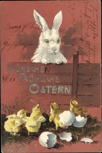 Präge Litho Glückwunsch Ostern, Osterhase, geschlüpfte Küken, Eierschalen