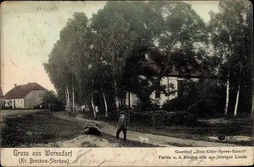 Ak Wernsdorf Königs Wusterhausen in Brandenburg, Gasthof Zum Oder Spree Kanal, Kirche, Linde