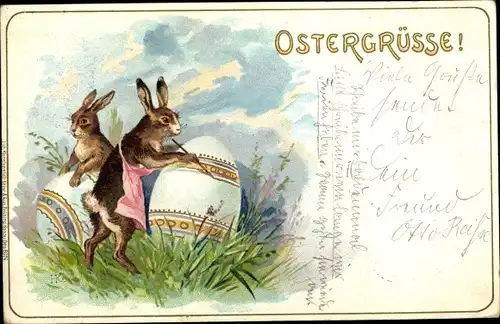 Litho Glückwunsch Ostern, Osterhasen bemalen Ostereier