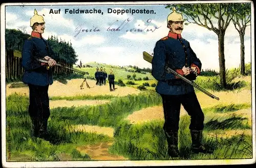Künstler Ak Deutsche Soldaten im Kaiserreich, Auf Feldwache, Doppelposten, Gewehre