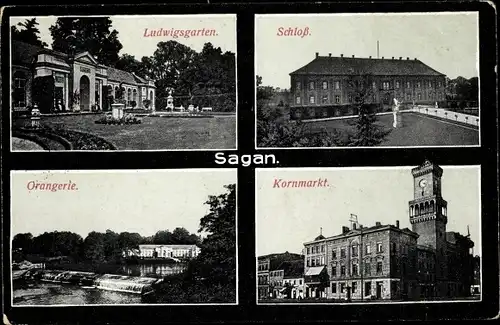 Ak Żagań Sagan Schlesien, Ludwigsgarten, Schloss, Orangerie, Kornmarkt