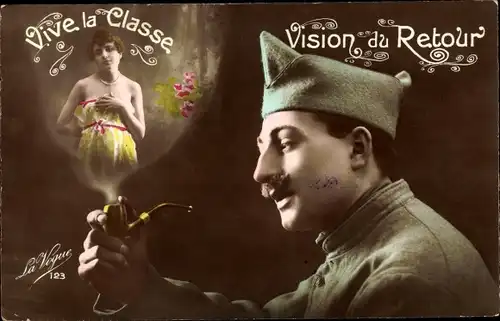 Ak Vision du Retour, Vive la Classe, Französischer Soldat mit Pfeife, Soldatenliebe