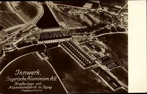 Ak Töging am Inn Oberbayern, Innwerk, Bayerische Aluminium AG, Kraftanlage, Fabrik, Fliegeraufnahme