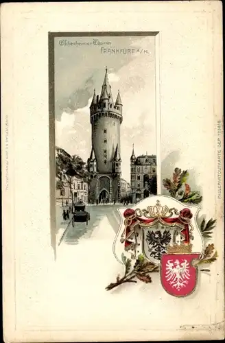 Präge Wappen Passepartout Litho Frankfurt am Main, Eschenheimer Turm