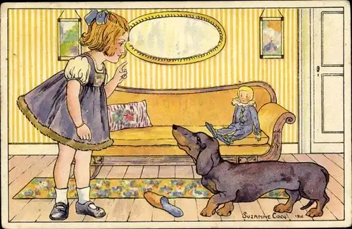 Künstler Ak Cocq, Suzanne, Mädchen erzieht einen Dackel, Pantoffel