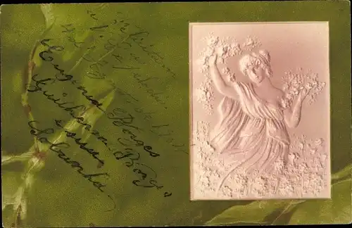 Präge Ak Dame im Gewand, Blumen, Marmor