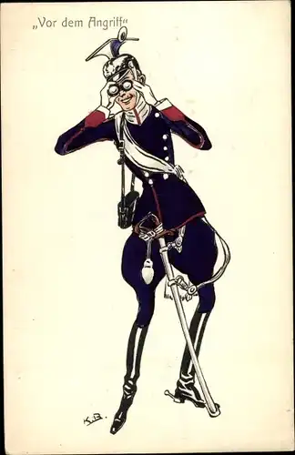 Künstler Ak Vor dem Angriff, Soldat in Uniform, Feldstecher