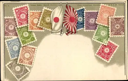Präge Briefmarken Ak Japan, Flaggen, Ottmar Zieher